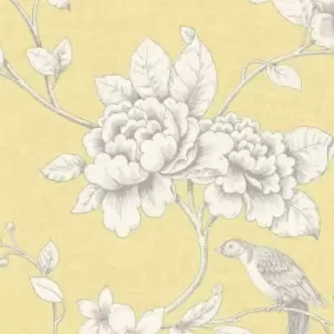 Ellis Yellow Wallpaper Floral Birds Linen Effect Metallic - Grandeco