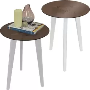 Luna - pack of two - Retro Solid Wood Tripod Leg and Round Glass End / Side Table - White / Tinted - White / Tinted