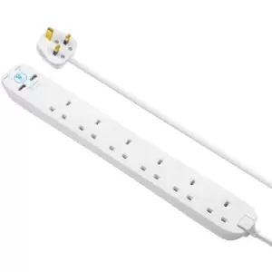Masterplug 6 Socket 2m 13 Amp Surge Protected Extension Lead + 2x USB (2.1A) - White