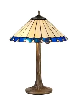 2 Light Tree Like Table Lamp E27 With 40cm Tiffany Shade, Blue, Crystal, Aged Antique Brass