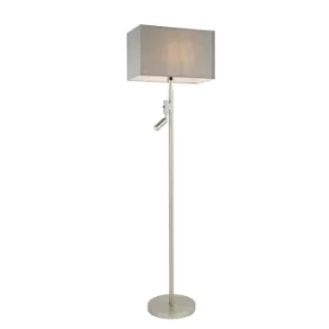 Owen Rectangular Floor Lamp With Reading Light Matt Nickel Plate, Grey Fabric Shade