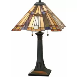 2 Bulb Table Lamp Pyramid Shape Tiffany Style Glass Valiant Bronze LED E27 60W