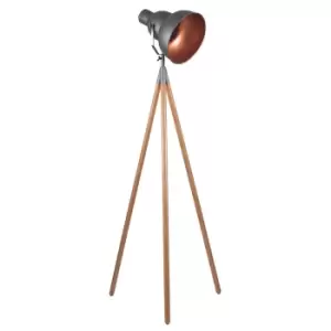 Blakely Brushed Copper Wood Adjustable Tripod Film Inspired Floor Lamp Grey/Copper