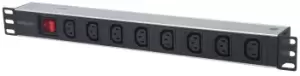 19" 1U Rackmount 8-Output C13 Power Distribution Unit (PDU) - With Removable Power Cable and Rear C14 Input (Euro 2-pin plug) - 1U - Black - Silver -