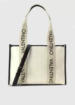Valentino Bags Womens Candle Canvas Logo Tape Tote In Naturale/Nero
