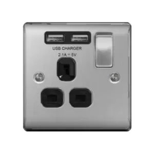BG Nexus Metal Brushed Steel Single 1 Gang Plug Socket with 2 x USB Outlet Black Insert 13A - NBS21U2B