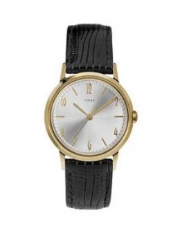 Timex Timex Marlin Handwind Silver Sunray And Gold Detail Dial Black Leather Strap Watch