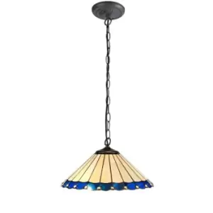 1 Light Downlighter Ceiling Pendant E27 With 40cm Tiffany Shade, Blue, Crystal, Aged Antique Brass - Luminosa Lighting