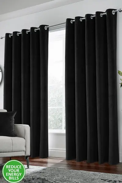 Enhanced Living Velvet, Supersoft, 100% Blackout, Thermal Pair of Curtains with Eyelet Top Black