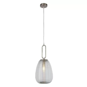 1 Light Ribbed Glass Pendant, Clear Glass, Satin Nickel
