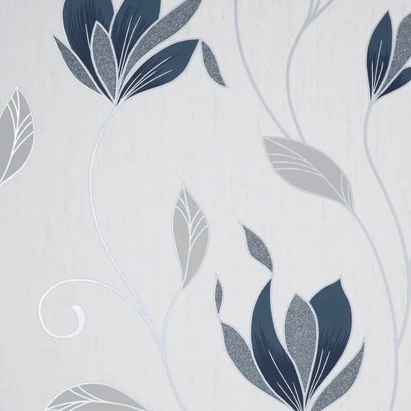 FINE DECOR Fine Decor - Synergy Floral Navy Blue Silver White Paste The Paper Wallpaper WL-M1716