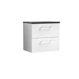 Nuie Arno 600mm Wall Hung 2 Drawer Vanity & Sparkling Black Laminate Top Gloss White