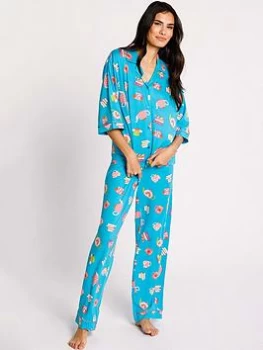 CHELSEA PEERS NYC Tea and Books Boxy Button Up PJ Set - Teal, Size S, Women