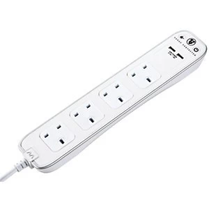 Masterplug 4 Socket Extension Lead With Surge Protection And USB - White 1m 13A
