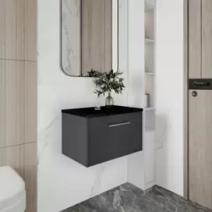 Hudson Reed Juno Wall Hung 1-Drawer Vanity Unit with Sparkling Black Worktop 600mm Wide - Graphite Grey