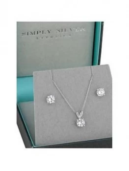 Simply Silver Cubic Zirconia Classic 6mm Round Solitaire Pendant and Earrings Set, One Colour, Women
