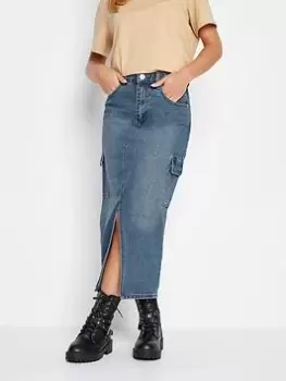 PixieGirl Petite Denim Utility Midi Skirt, Blue, Size 16, Women