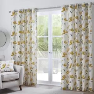 Dacey Contemporary Floral Print 100% Cotton Eyelet Lined Curtains, Ochre, 66 x 90" - Fusion