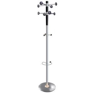 5 Star Facilities Decorative Coat Stand with Umbrella Holder 8 Pegs 3 Hooks Base 380mm Height 1840mm Grey