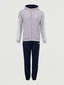 Adidas 3 Stripe Hooded Tracksuit - Grey/Navy, Size XL, Men