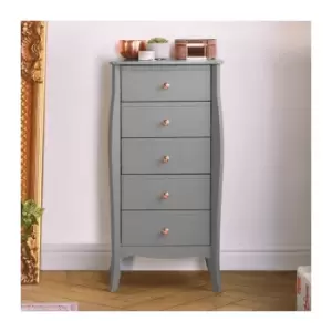 Grey 5 Drawer Narrow Chest of Drawers - Tallboy Dresser Clothes Cabinet - Vintage Baroque Style with Rose Gold Handles -For Bedroom, Living Room,