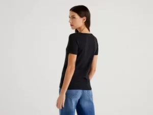 Benetton, T-Shirt In 100% Cotton With Glitter Print Logo, taglia S, Black, Women