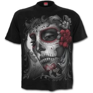 Skull Roses Mens X-Large Front Print T-Shirt - Black