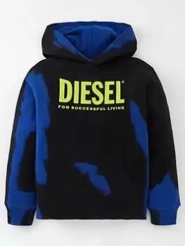 Diesel Boys Logo Tie Dye Hoodie - Black/Blue, Size 16 Years