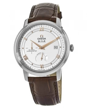Omega De Ville Prestige Co-Axial Chronograph Automatic White & Rose Dial Leather Strap Mens Watch 424.13.40.21.02.002 424.13.40.21.02.002