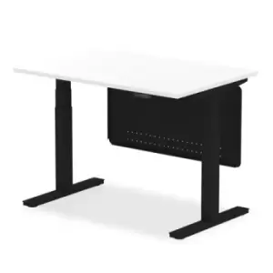 Air 1200 x 800mm Height Adjustable Desk White Top Black Leg With Black Steel Modesty Panel