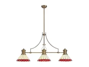 3 Light Telescopic Ceiling Pendant E27 With 30cm Tiffany Shade, Antique Brass, Red, Crystal