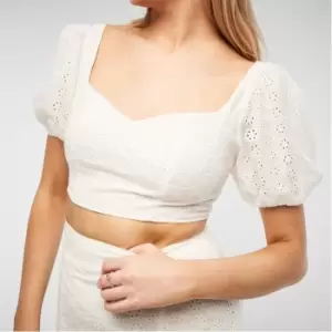Missguided Broderie Puff Sleeve Crop Top - White