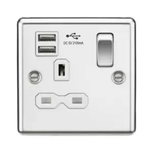 Knightsbridge - 13A 1G Switched Socket Dual usb Charger Slots with White Insert - Rounded Edge Polished Chrome