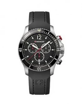 Wenger Swiss Made Seaforce Black And Silver Detail Chronograph 43Mm Dial Black Silicone Strap Mens Watch