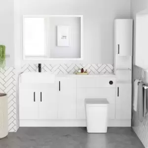 1800mm - 2100mm White Toilet and Sink Unit with Tall Cabinet Marble Effect Worktop and Black Fittings - Coniston