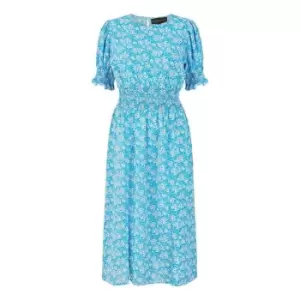 Mela London Blue Floral Shirred Waist Midi Dress - Blue