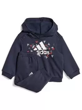 adidas Favourites Toddler Unisex Badge Of Sport Graphic Overhead Hoody And Jogger Set, Dark Blue, Size 0-3 Months, Women