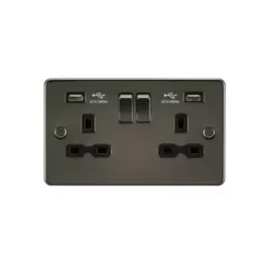 Flat plate 13A 2G switched socket with dual USB charger (2.4A) - gunmetal with Black insert - Knightsbridge