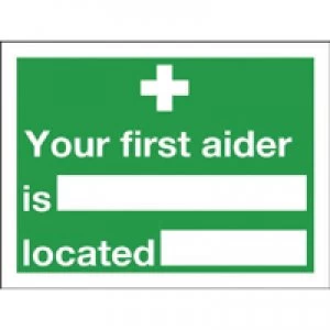 Blick Safety Sign Your First Aider Is 150x200mm Self-Adhesive E42AS