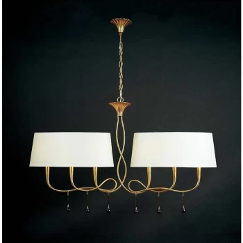 Hanging lamp Paola 2 Arm 6 Bulbs E14, gold painted with Cream shade & amber glass droplets