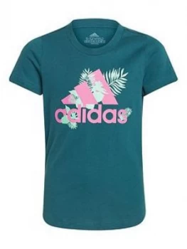adidas Girls Junior Tropical Badge Of Sport Girls T-Shirt - Teal, Size 7-8 Years, Women