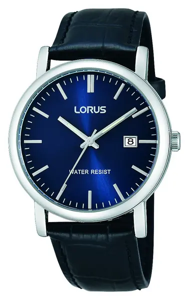 Lorus Mens Blue Dial Black Leather Strap Watch