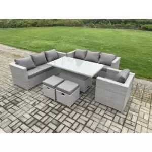 9 Seater Outdoor pe Rattan Garden Funiture Set Height Adjustable Rising Lifting Table Sofa Dining Set with Armchair 2 Small Footstools - Fimous