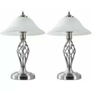 2 x Barley Twist Table Lamps With Frosted Alabaster Shades - Brushed Chrome - No Bulb