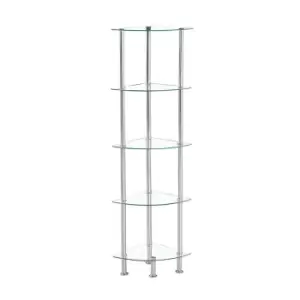Modernique Glass Shelf 5 Tier Storage Unit, Rectangular Shape In Clear Glass With Chrome Stand