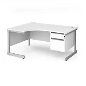 Dams International Left Hand Ergonomic Desk with 2 Lockable Drawers Pedestal and White MFC Top with Silver Frame Cantilever Legs Contract 25 1600 x 12