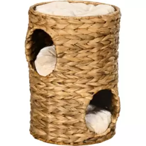 47cm Cat Barrel Tree for Indoor Cats w/ Two Cat Houses, Cushion - Brown - Pawhut