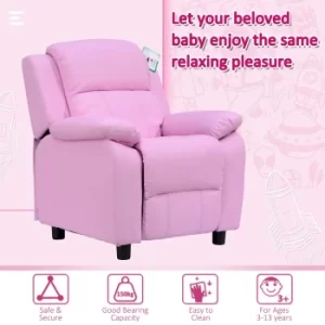 HOMCOM Childrens Recliner Armchair W/ Storage Space on Arms-Pink