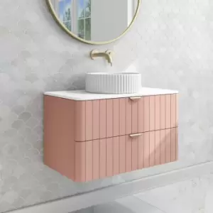 800mm Pink Wall Hung Countertop Vanity Unit with Basin and Brass Handles - Empire