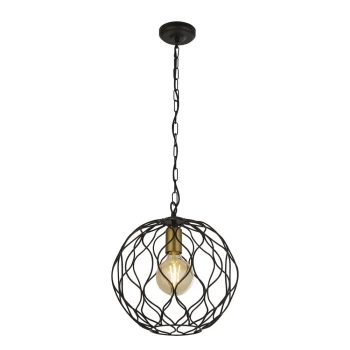 Finesse 1 Light Round Cage Ceiling Pendant - Black with Gold Lampholders